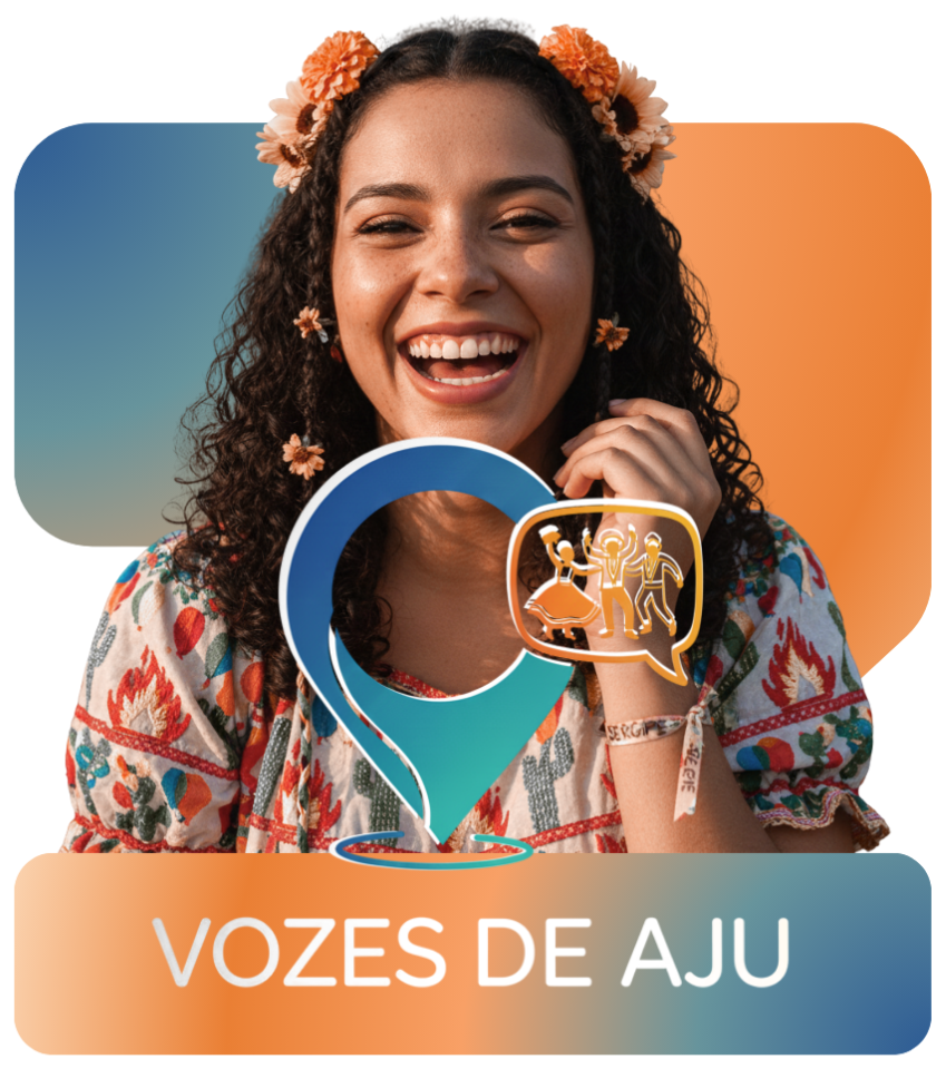 Mulher sorrindo junto à identidade visual do Vozes de AJU